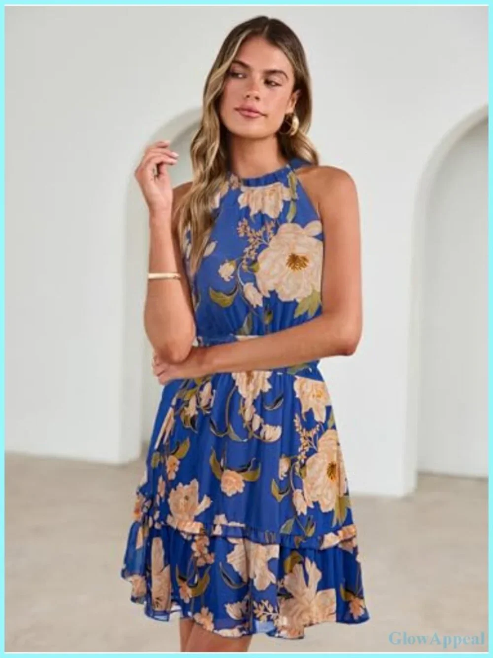 Floral Halter Neck A-Line Mini Sundress Sleeveless Tiered Boho Beach Vacation